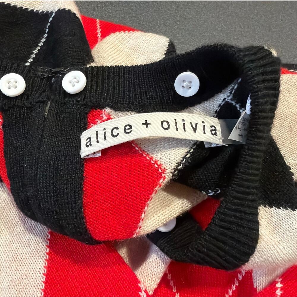 NWOT Alice + Olivia Carol Ann Argyle Wool Sweater, Small, Red Black Cream - Picture 3 of 6